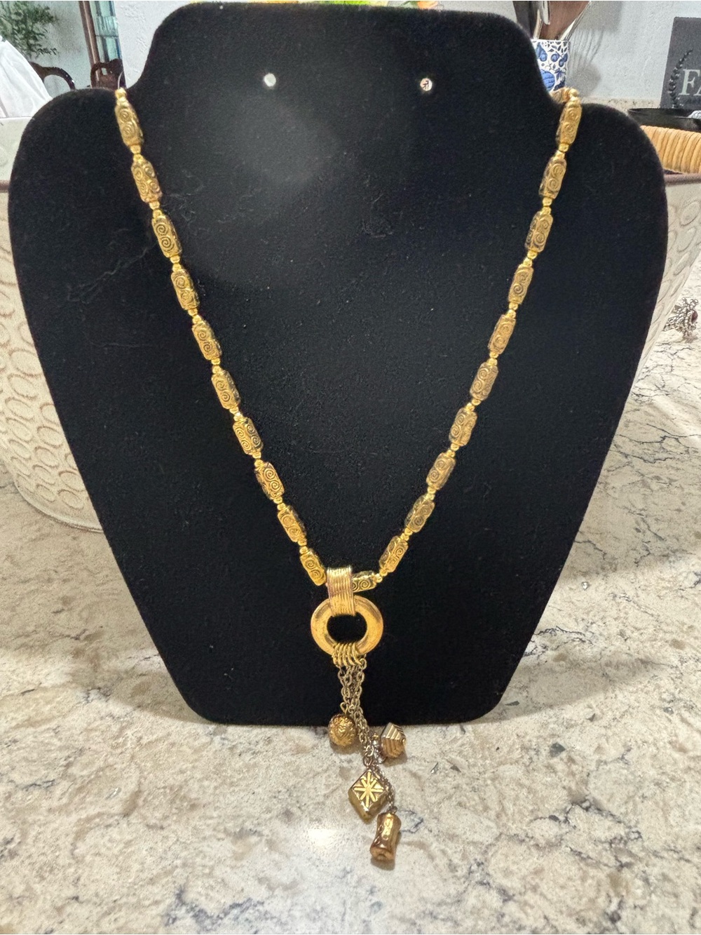 Vintage Gold-Tone Spiral Bead Charm Necklace Statement Piece - Picture 6 of 9